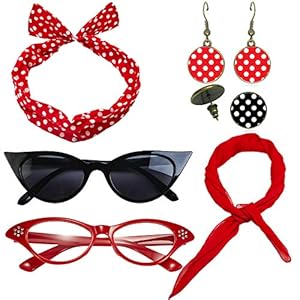 1950’s Womens Costume Accessories Set – 50s Chiffon Scarf,Cat Eye Glasses,Bandana Tie Headband,Drop Dot Earrings (Red)