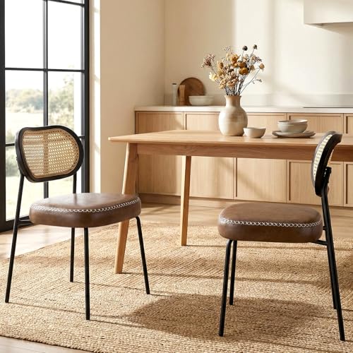 Chaises Salle à Manger Lot de 2 avec Dossier en Rotin Cannage, Chaise Cuisine Rembourrée avec Pieds Métal, Style Mid Century Moderne, Chaise Design pour Cuisine Salle à Manger Salon, Brun