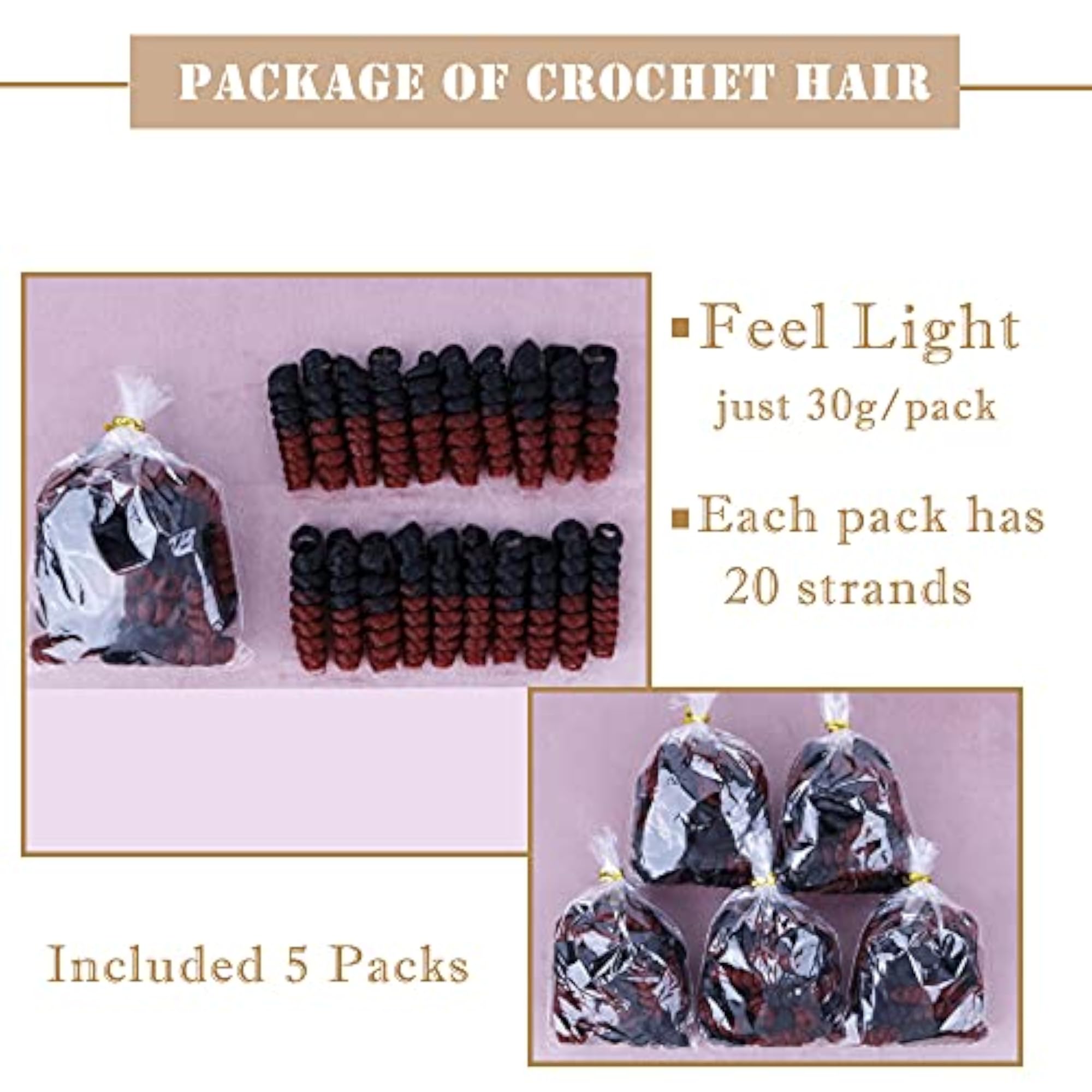 Synthetic Curly Crochet Hair 10 Inch, Black/Red, 5 Packs