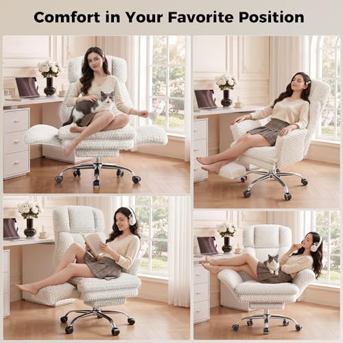 Image of HOMRELEXA Big and Tall Office Chair, Flip Armrests for Pets & Cross Legged Sitting, Executive Ergonomic Computer Gaming Chair with Foot Rest, White Rose Velvet Wide Seat Reclining Desk Chair