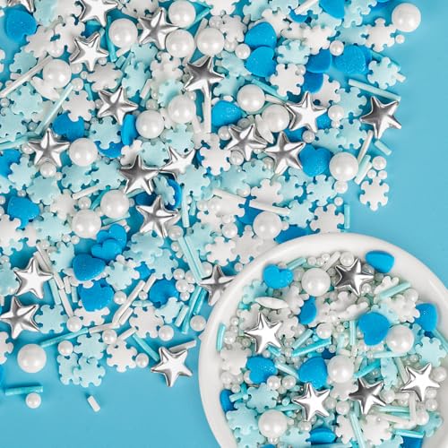 Image of Edible Snowflake Sprinkles,Frozen Sprinkle for Cake,Blue Heart White Snowflake Silver Star Pearl Jimmies Mix,130g /4.58oz,Winter Snow Sugar Pearls Sprinkles for Decorations Baking,Cake Ice Cream Cookies Cupcake Topper Chocolate,Birthday Children Party Dessert Decorating