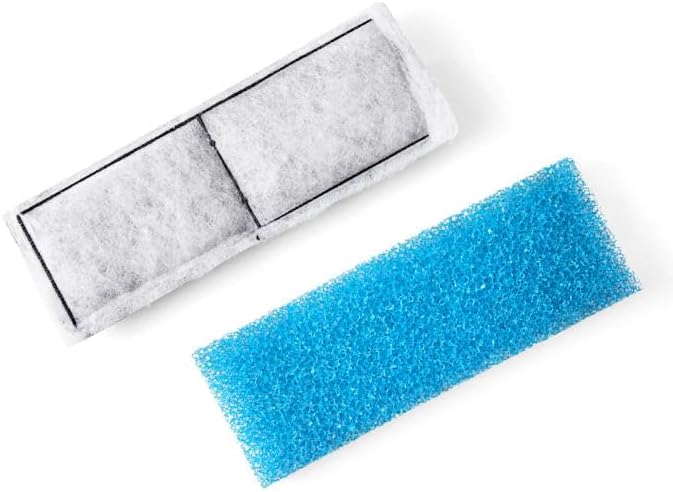 Two filter media components: a white filter pad with activated carbon and a blue sponge filter.