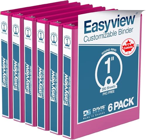 Image of Easyview 3-Ring Binder, Clear-View Cover, 1 inch Round Rings, Pink, 6 Pack