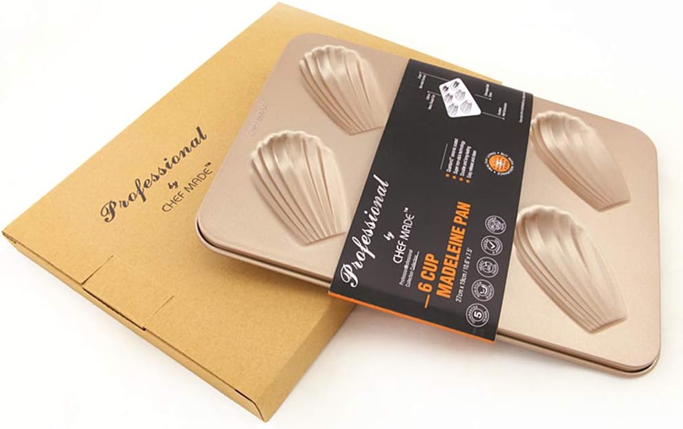 CHEFMADE Madeleine Mold Cake Pan, 12-Cavity Non-Stick Heart Scallop Madeline Bake Ware,Oven Baking.Baking Tray Oven Appliances Household Non-Stick Baking Tray. (Shells 6 Cups - Gold).