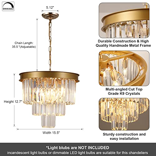 Image of Gold Crystal Chandeliers 16 inch Modern Pendant Light Fixture for Dining Room