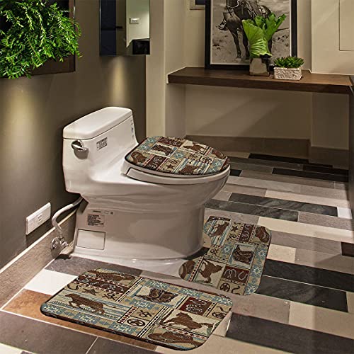 Skailié 4Pcs Western Shower Curtain Set, Vintage Rodeo Cowboy Hat Boots Horse Cow Cattle Brown Texas Star Wild West Country Rustic Farmhouse Southwestern Bathroom Decor, Non-Slip Bath Mat, Horseshoe #TOP4