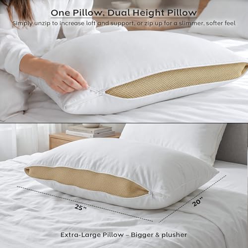 Image of AYKA Height Adjustable Microfiber Sleeping Pillow | Height Adjustable Zip Pillow | Soft & Fluffy Comfort | Hypoallergenic, Breathable & Washable |17x27 Inch | White & Beige | Set of 4