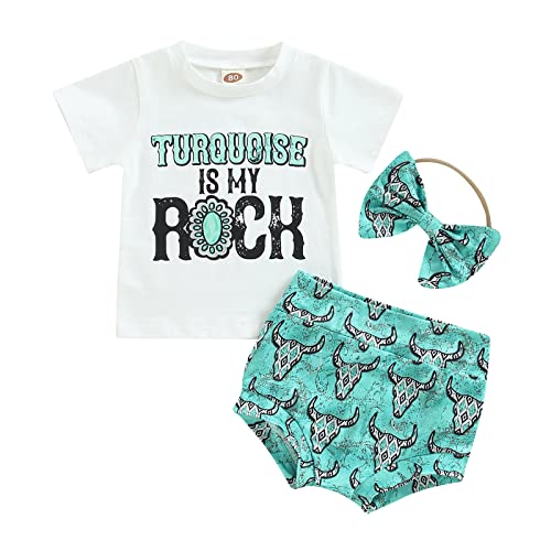 Western Baby Girl Clothes Boho Cow Print Short Sleeve T Shirt Top + Bloomer Shorts Set Infant Summer Outfits (B-Green, 0-3 Months)
