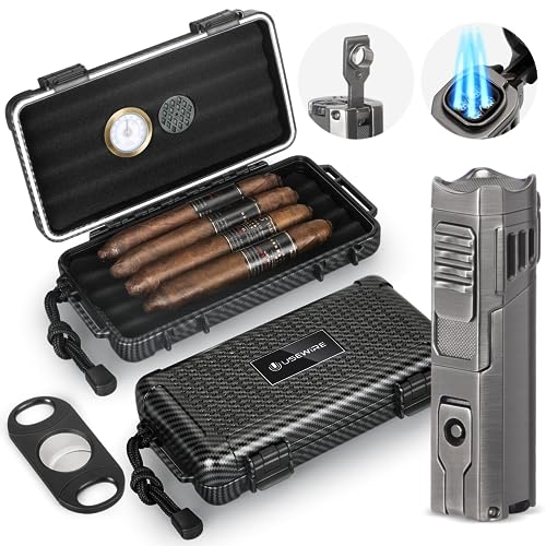 USEWIRE Cigar Travel Humidor and Cigar Lighter Set, Portable Travel Cigar Case with Humidifier, Hygrometer, Cigar Lighter, Cigar Cutter, Travel Humidor Holds 4-5 Cigars, Cigar Gift Set (Carbon Fiber)
