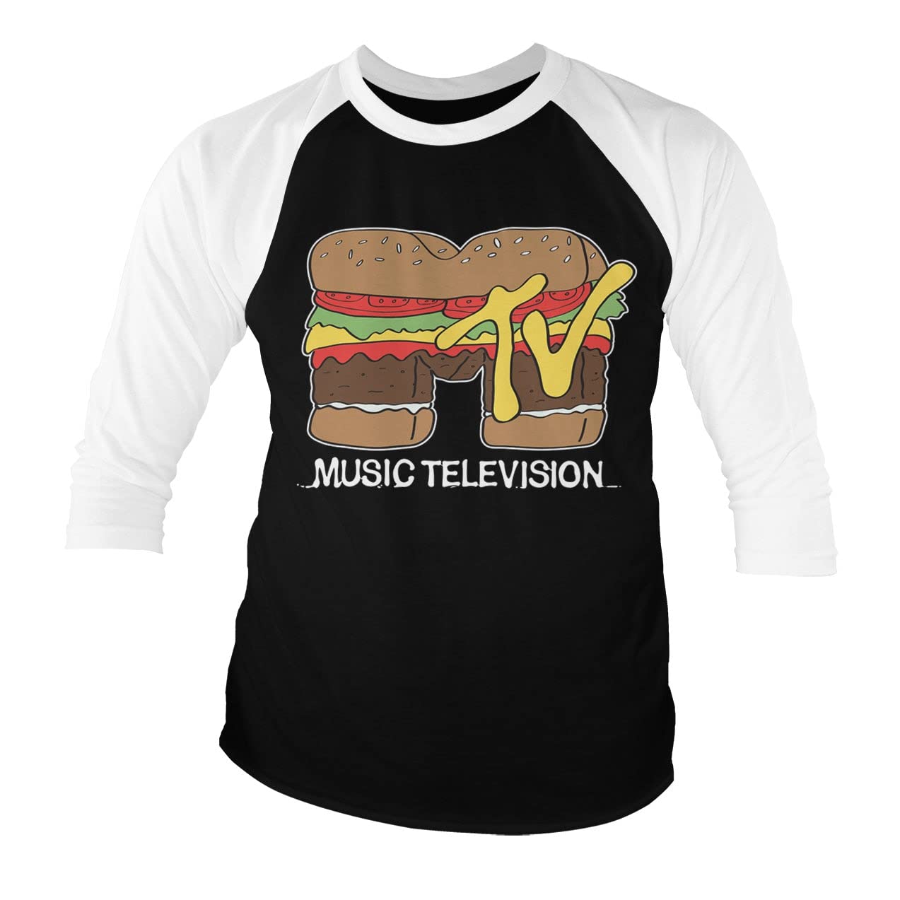 MTV Officially Licensed Hamburger Baseball 3/4 Sleeve T-Shirt (White-Black), XL