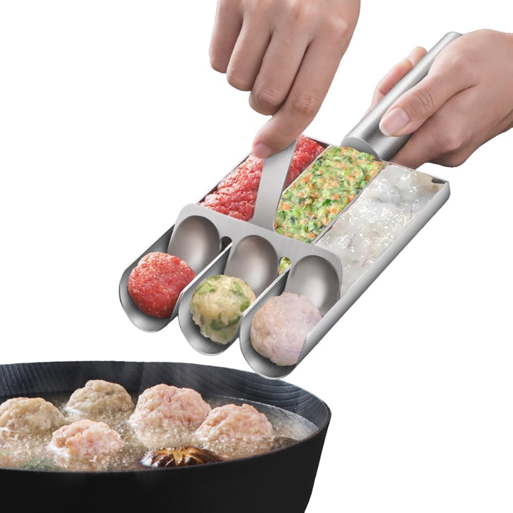 NALACAL Stainless Steel Kitchen Triple Meatball Maker, 2024 Creative Meat Baller Scoop Tool with Cutting Spade, DIY Meatball Making Set,Home Cooking Tools, for Meatball Lovers