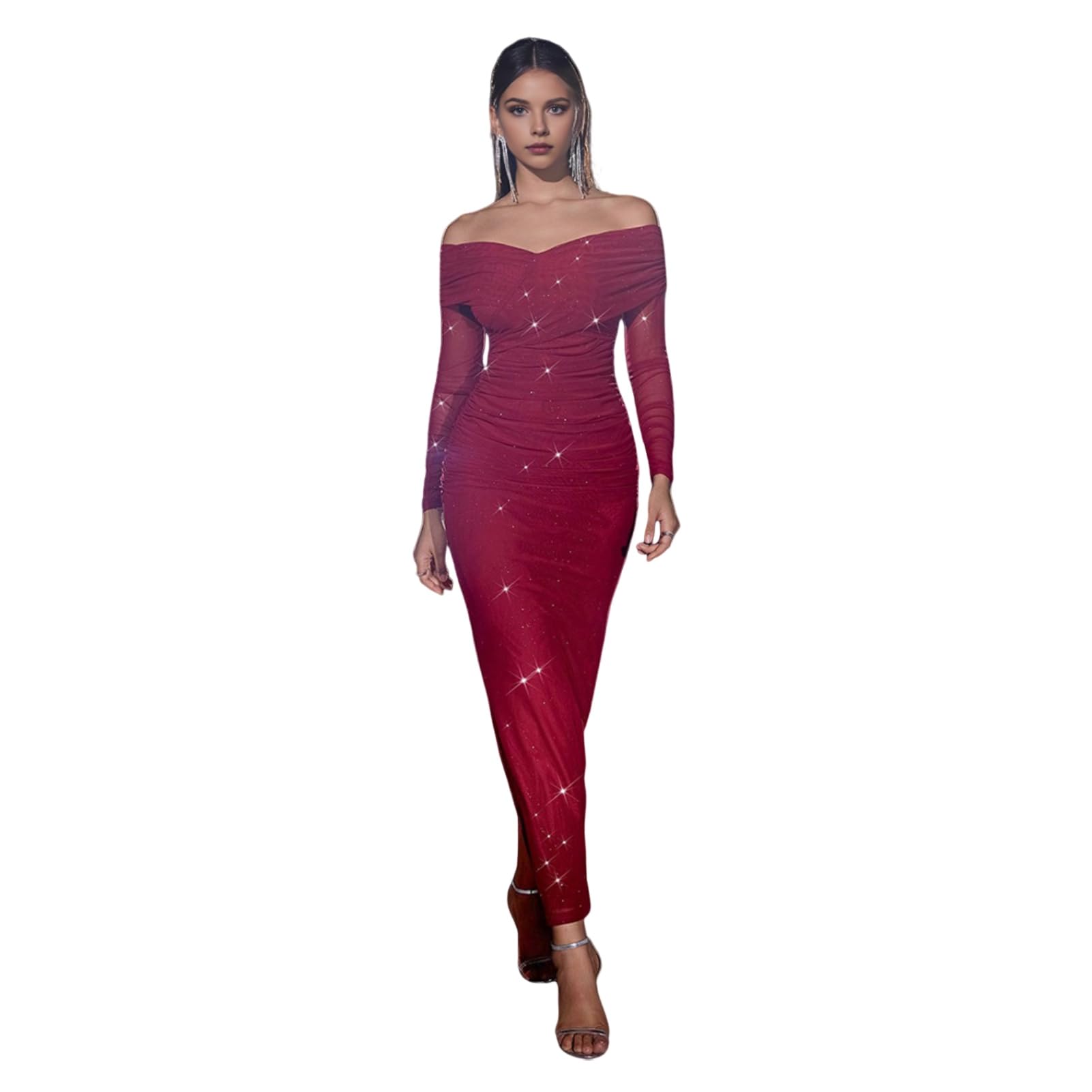 Sukienka wieczorowa maxi z odsłoniętymi ramionami, z długim rękawem, siateczkowa, patchworkowa, bandeau, slim fit, plisowana formalna sukienka na studniówkę, wesele, przyjęcie koktajlowe