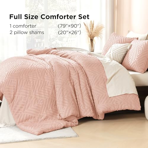 Image of Litanika Blush Full Comforter Set, 3 Pieces Pink Tufted Boho Farmhouse Bedding Comforter Sets, Lightweight Fluffy Comforter Bed Set for All Season (79x90In Comforter and 2 Pillowcases)