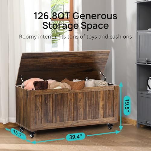 Storage-Chest-394-Wooden-Storage-Bench-with-4-Wheels-2-Safety-Hinges-Retro-Toy-Box-Support-300-lbs-for-Bedroom-Living-Room-Easy-Assembly-Vintage-Brown Storage Chest 394 Wooden Storage Bench with 4 Wheels 2 Safety Hinges Retro Toy Box Support 300 lbs for Bedroom Living Room Easy Assembly Vintage Brown