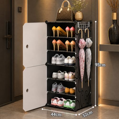Image of AYSIS Premium Foldable Plastic Shoe Rack for Home, ๐ ๐๐จ๐จ๐ซ ๐ ๐๐ก๐๐ฅ๐ Shoe Cabinet, Waterproof Organizer, Portable Space Saving Storage for Entryway, Bedroom & Living Room, Black&White