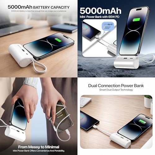 Image of Portable Power Bank 5000mAh with Built-in Type-C Cable, LED Battery Indicator, USB-C Input Port, White