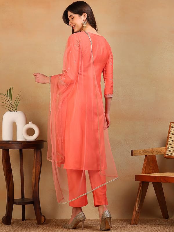 Image of Vaamsi Women's Silk Blend Floral Embroidered Straight Kurta Pant With Dupatta With Cotton Inner