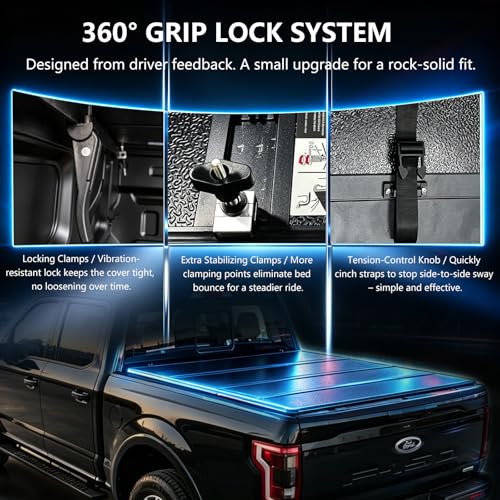 Image of Hard Tri-Fold Truck Bed Tonneau Cover Fit 2019-2026 Ford Ranger 5FT Bed | Built-in LED light,Heavy-duty Aluminum Resists Dents.Clamp-On Install, No Srilling. Waterproof