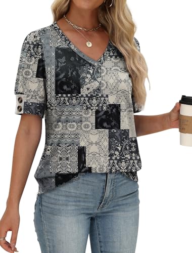 Image of OFEEFAN Womens Tops Short Sleeve Shirts Buttons V Neck Spring Fashion Summer Outfits Plus Size Blouses Dressy Casual