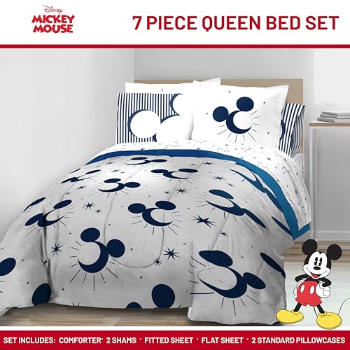 Image of Disney Mickey Mouse Queen Comforter Set 7 Piece Celestial Bedding, White | Bed in a Bag, Comforter Sheets Shams Pillowcases, Official Product, Soft Microfiber, Machine Washable, Easy Care