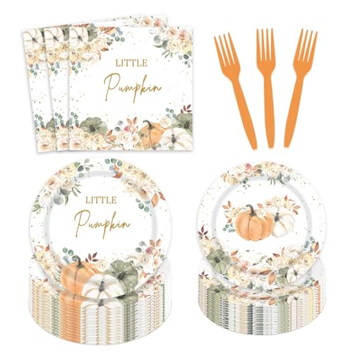 Aumeko Little Pumpkin Plates and Napkins Autumn Pumpkin Baby Shower Birthday Wedding Bridal Shower Tableware Decorations Serve for 24 Guests