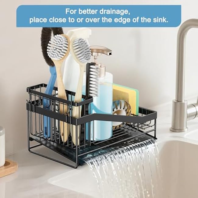LBTING Sink Caddy for Kitchen, Carbon Steel Sponge Holder with 3 Partitions, Self-Draining Kitchen Countertop Organizer for Sink Strainer, Sponge, Brush, Soap Dish Dispenser ¨C Black