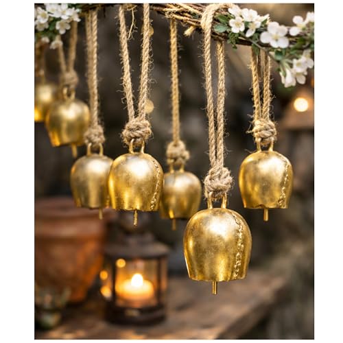 Image of Rustic Brass Hanging Bells Pack of 10 | Vintage Mini Bells with Rope for Home Decor, Diwali Pooja, Wall Art, Christmas & Craft Use