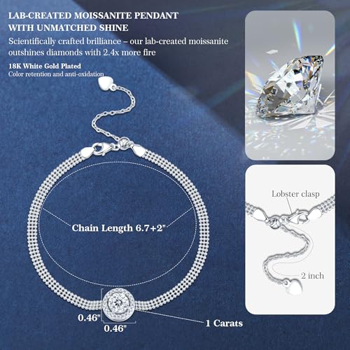 1CT Brilliant Moissanite Hand Bracelet for Women D Color VVS1 18K White Gold Plated Link Chain Jewelry for Mother Love Friend Mother’s Day Birthday Gift for Her 7+2inch3