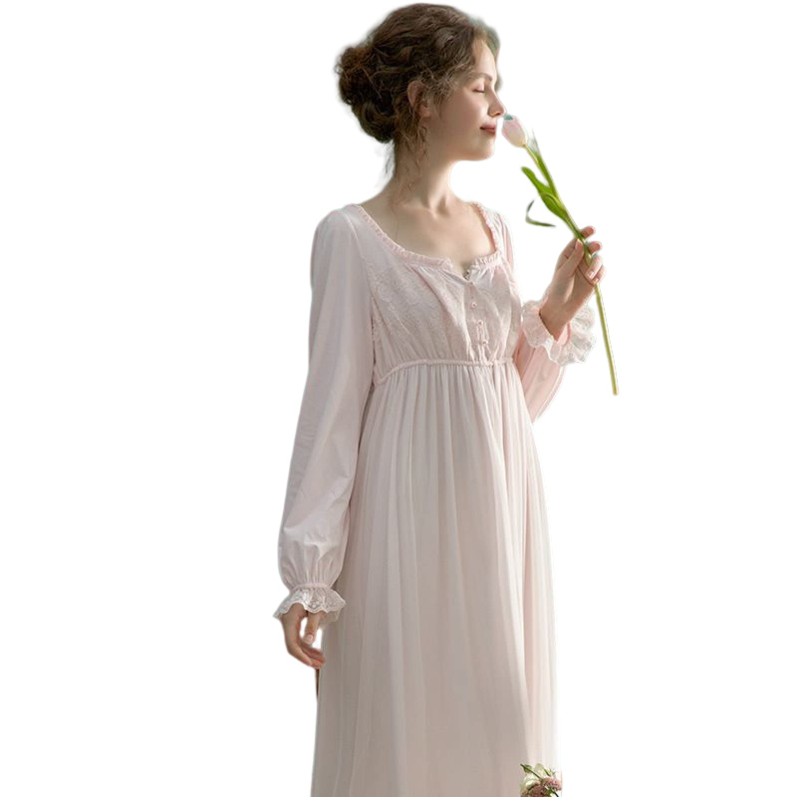 OFFSUM Camicia da Notte Donna - Primavera Autunno Tinta Unita Camicia da Notte in Pizzo Casual Vintage Elegante Girocollo da Notte Abbigliamento da Notte Taglie Forti