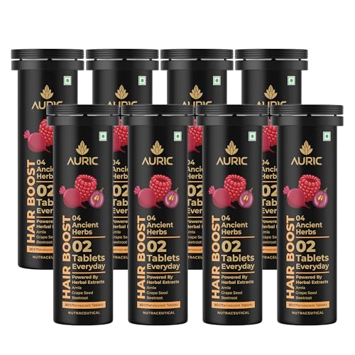 Image of Auric Hair Boost Effervescent Tablets 160 Count | Ayurvedic Formula for Hair Fall Control | Biotin, Zinc, Beetroot & Grapeseed Extracts & Herbal Extracts | Hair Growth & Strength Support