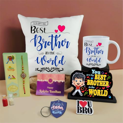 Image of PICRAZEE Raksha Bandhan Gift for Brother - Rakhi, 12 inch Cushion with Filler, Mug, Table Standy, Roli-Chawal Bottles, Keyring, Fridge Magnet & Greeting Card (Best Brother)