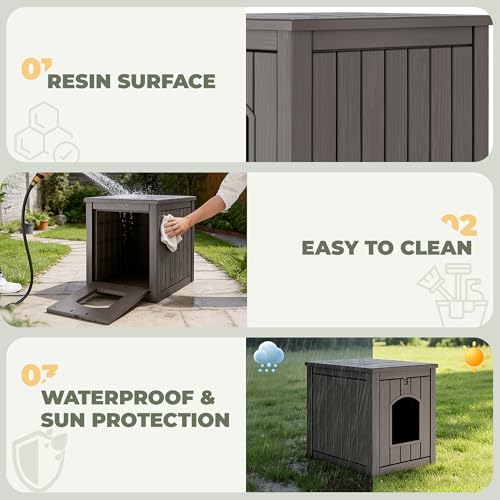 Image of Cat Litter Box Enclosure, Enclosed Cat Litter Box Raised Floor, Openable Front Door Outdoor Cat House Weatherproof, Easy to Clean, Grey