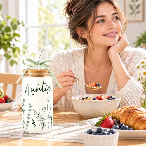 Celebloom Auntie Gifts Glass Cup Birthday Gifts for Aunt from Niece Nephew | Coffee Tumbler with Lid Straw for New Auntie To Be Auntie Aunt Announcement Christmas Thanksgiving Basket Stuffer 16oz - image 3