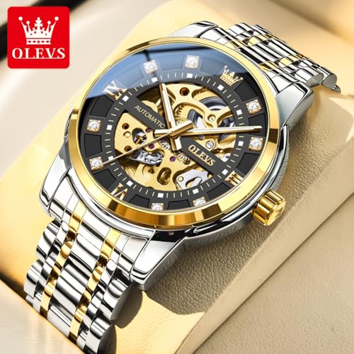 Image of OLEVS Mens Automatic Watch Skeleton Diamond Luxury Mechanical Self Winding Dress Wrist Watch Waterproof Luminous