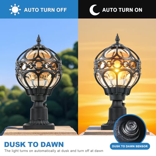 2 Pack Dusk to Dawn Outdoor Posts Light for Lawn Walkway Fence House, Globe Outside Lamp Post Light, Pier Mount Sphere Lighting, Exterior Waterproof Football Pole Lantern Light Fixture
