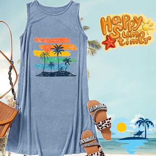 Image of Summer Tank Dress for Women Sunset Palm Tree Beach Vacation Cover Up