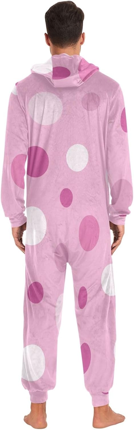 GAIREG Pink Polka Dot Adult Onesie Pajamas, Soft Hooded One Piece Sleepwear for Men Women