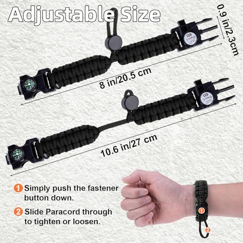 Survival Bracelets, Paracord Bracelets (2 pcs) with Loud Whistle Light Flint, Adjustable Compass Bracelet for Outdoor Camping Hiking Fishing Hunting, Multitools Tactical Gear, Bearable 300 lb - Image 3