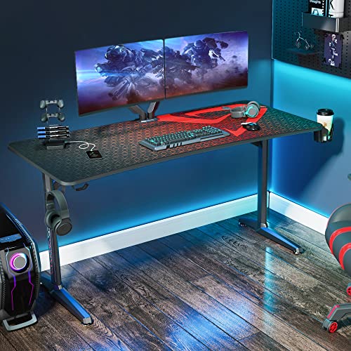 Eureka Ergonomic 60'' Gaming Desk, T-Shaped Carbon Fiber Surface Computer Desk With Free Mouse Pad,Large Pc Gamer Desk Gaming Table With Usb Handle Rack Cup Holder Headphone Hook,Black #TOP1