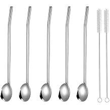5 PCS Straw Spoon Stainless Steel Drinking Straw Reusable Metal Coffee Stirring Stick with Long Cleaning Brush