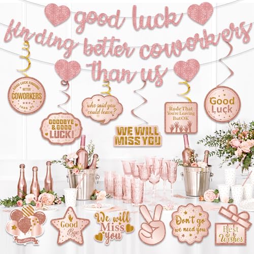 Image of Pre-Strung Good Luck Finding Better Coworkers Than Us Banner, Pink Rose Gold Glitter Going Away Party We Will Miss You Decorations, Great for Goodbye Farewell Job Change Party