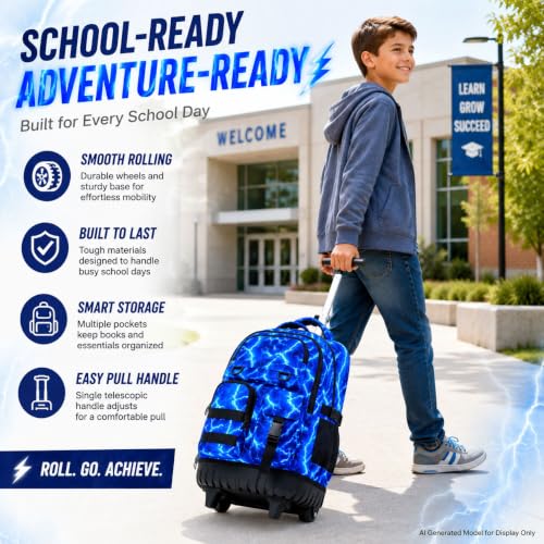 Image of CCJPX Rolling Backpack for Boys, 3Pcs Roller Wheeled School Bookbag, Lightning Wheels Backpacks with Lunch Box for Kids (Blue)