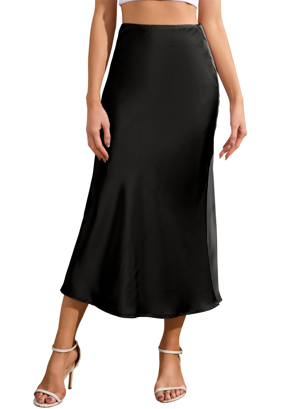 YloveM Lang Satin Rock Damen Knielang Röcke A Linie Midi Rock Hohe Taille | Seidiger Satin Kleid Midirock Damen Herbst Winter Elegant