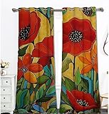 Bildenly Floral Curtains Blackout Colorful Flowers Vintage Window Panels Red Floral Botanical Leaf Curtain Drapes with Grommet Thermal Insulated for Living Dining Room Bedroom, 52in × 84in, 2 Panels