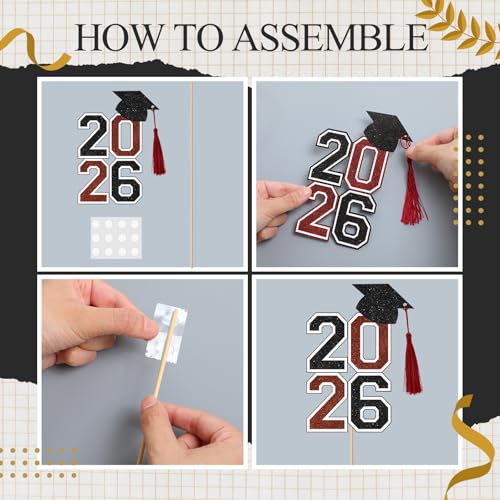 Image of 10 Pcs Graduation Table Centerpieces Sticks with Tassels, class of 2026 Grad Cap Picks Table Decoration Cupcake Toppers for Party Centerpiece Decoration Supplies(Black and Red)