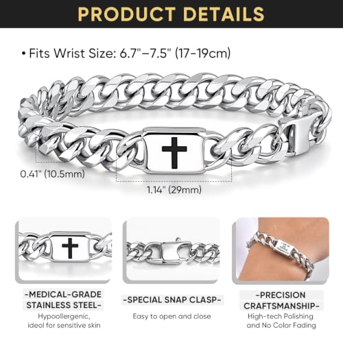 Cross Bracelet Christian Gift for Men -Stainless Steel Cuban Link Bible Verse Bracelets First Communion Confirmation Gifts Easter Basket Stuffer for Teens Mens Faith Religious Jewelry,Philippians 4:13 — view 4