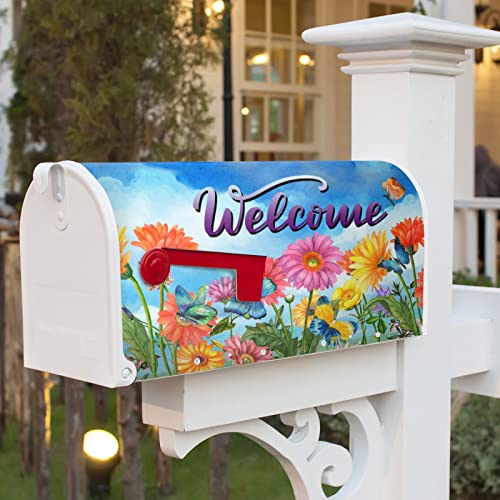 Image of Spring Summer Welcome Flowers Mailbox Covers Magnetic Standard 21 inch x 18 inch Fluttering Butterflies Decoration Wrap Post Letter Box Cover for Home Garden Yard Outdoor Decor