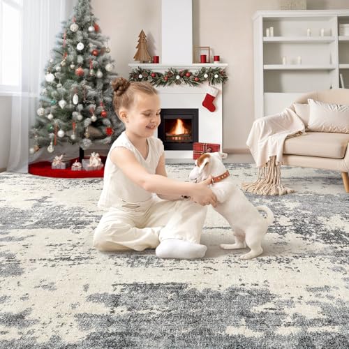 10x12 Area Rug Living Room Rugs - Washable Neutral Modern Abstract Soft Thin Rug Indoor Floor No Slip Rug Carpet for Bedroom Under Dining Table Home Office Decor - Grey/Light Brown