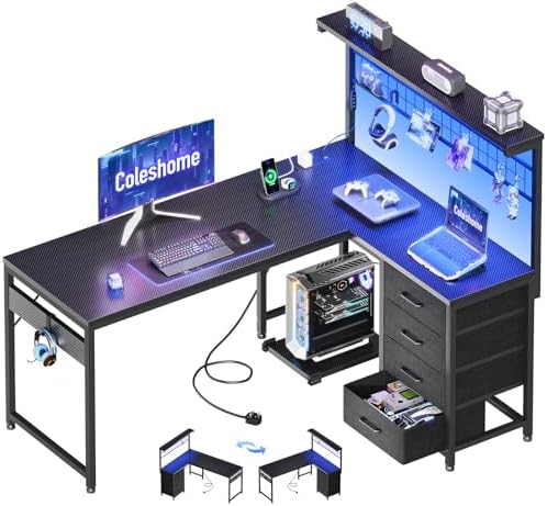 Coleshome L Shaped Gaming Desk with Drawers & Shelf, 130 × 100 cm...