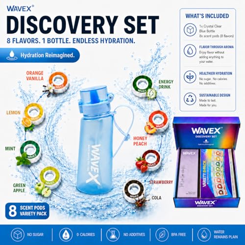 Image of WaveX Scented Water Bottle + 8 Aroma Scent Pods (Cola, Strawberry, Honey Peach, Energy Drink, Green Apple, Mint, Lemon, Orange Vanilla), Flip Top Lid, Straw & Carry Strap Included (Crystal Clear Blue)
